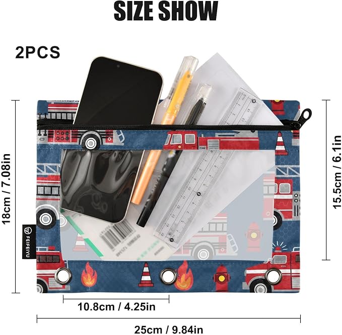 Fire Trucks Pencil Pouch for 3 Ring Binder, 2 Pack Waterproof Pencil Bags Clear Window Zipper School Office Supplies