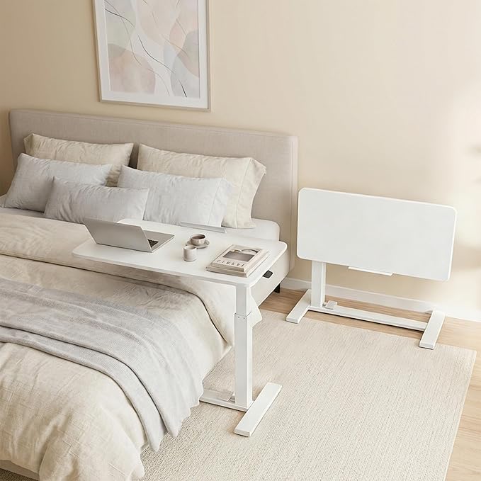 DUMOS Overbed Table with Wheels, Height-Adjustable Bedside Table, White | Rolling standing desk with Pneumatic Lift, Portable mobile desk for Bed, Couch, Office, Sofa