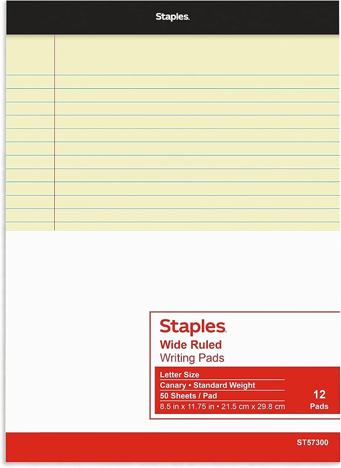 Staples Legal Pads, 8.5x11.75 Inch, Wide Ruled, Yellow, 12-Pack