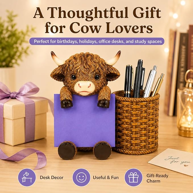 Highland Cow Note Pad Dispenser with Pen Cup, Desk Organizer | Cute highland cow note pad dispenser with pen cup, perfect for desks, offices, classrooms, and cow lover gifts.