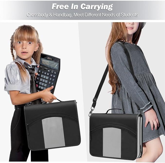 MoKo Zipper Binder with Strap, 3 Inch 3 O Ring, 600 Sheets, Black & Gray | Water-repellent nylon with 2 folders, 2 mesh pockets and a outer pockets, reinforced handle and adjustable shoulder strap.