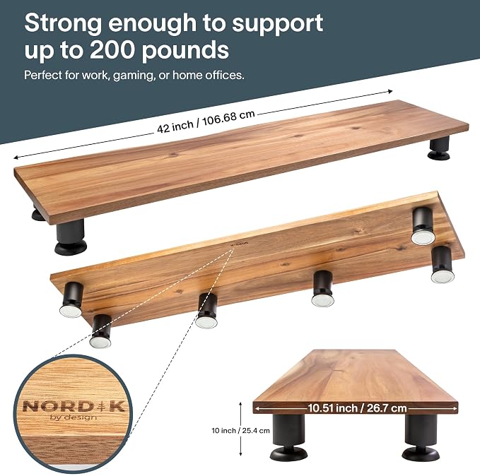 Nordik Dual Monitor Stand Riser -Hardwood Acacia Monitor Shelf (42x10.5 in) | Premium Handmade Acacia Wood Monitor Stand - Easy to Assemble Monitor Riser - Double Monitor Riser with Storage Organizer