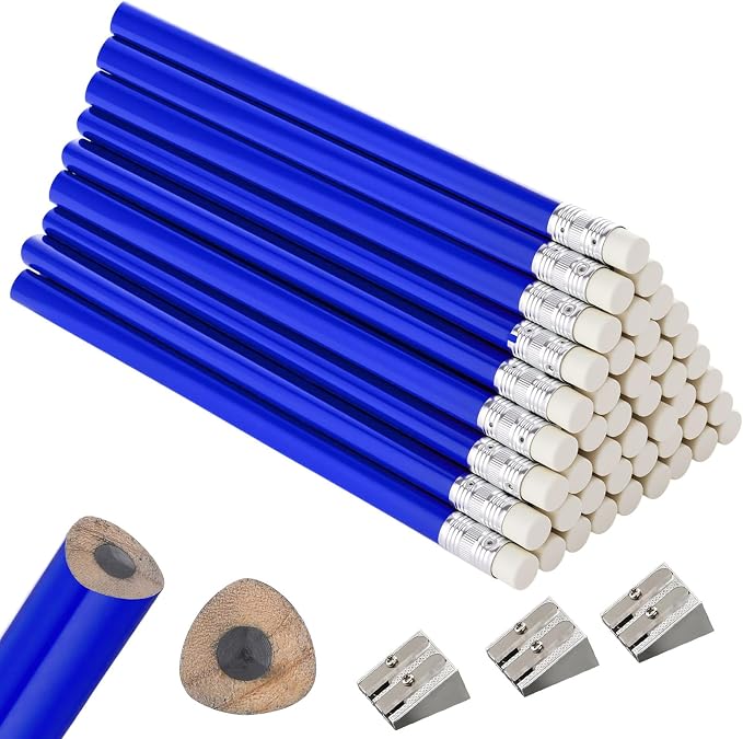 Fainne 48 Pcs Large Pencils 3 Sharpeners,Blue+silver,Triangle