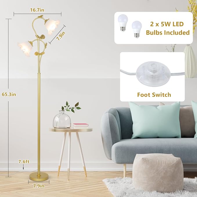 HMVPL Gold Floor Lamp for Living Room, Flower Standing Lamp with 2 LED 5W Blubs, Foot Switch, Floral Tall Lamp with Acrylic Shade, Antique Lotus Flower Floor Lamp for Living Room Office Reading