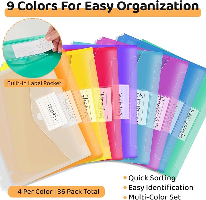 Binditek 36 Pack Expandable Binder Pocket Folders, 100-Sheet High Capacity | 3-Hole Binder Pockets, Hook and Loop Closure, 9 Assorted Colors, Label Pocket, 3 Ring Binder Organizer