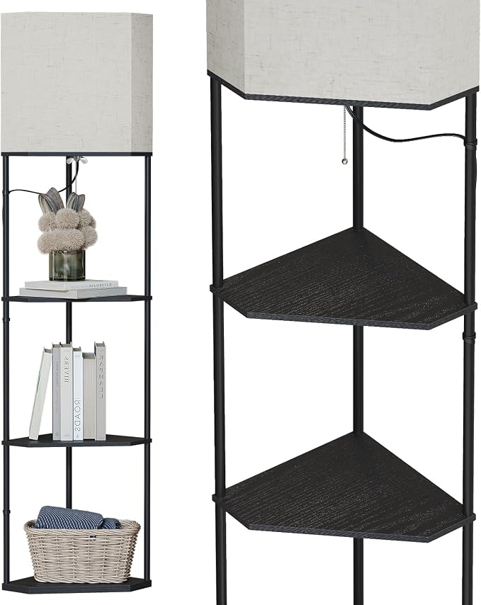 SUNMORY Sector Corner Shelf Lamp 3 Color Temperatures LED Bulb,Corner Lamps with Linen Lampshade, Floor Lamps for Living Room, Bedroom, Study, Black Standing Lamp with Shelves | 3 CCT LED Bulb Include, 4-Tier Display Bookshelf, 63" Tall Standing Lamp, ...