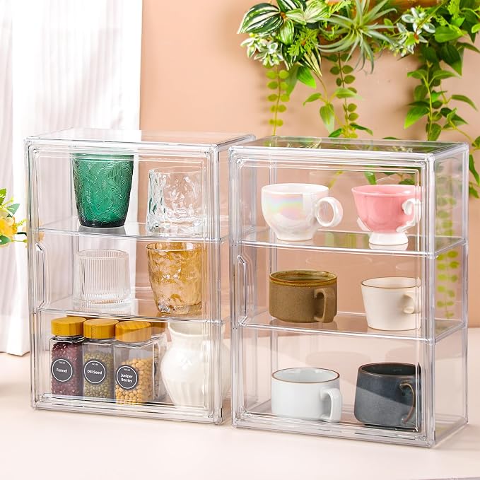 2 Pcs Clear Acrylic Display Case 3 Tier Display Shelf Storage Boxes Cabinet Organizer with Magnetic Door for Figures Toys (Clear)