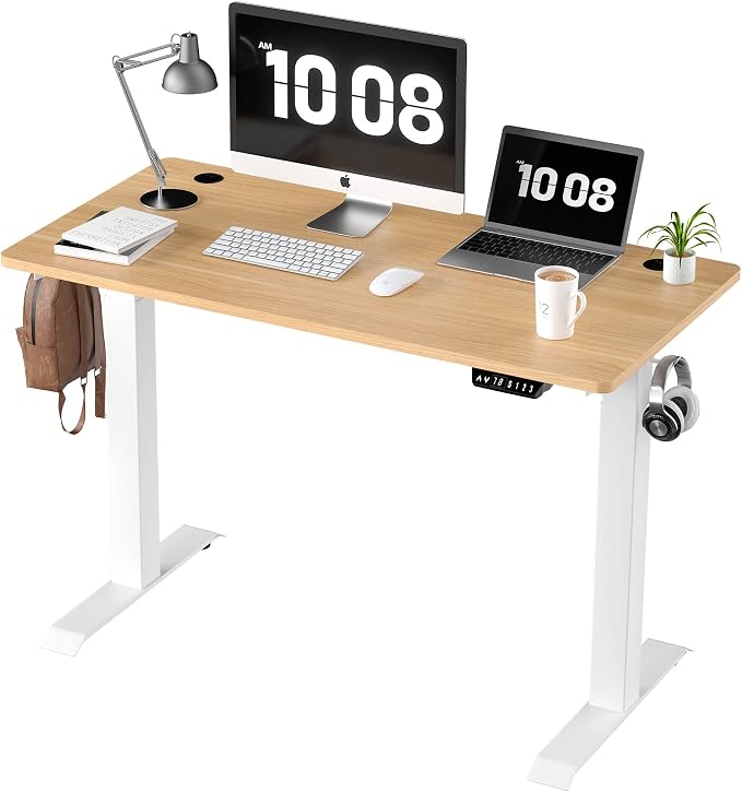 Shintenchi Standing Desk, Height Adjustable Electric Sit Stand up Desk, Ergonomic Rising Computer Table, 48x24 Inch Modern Lift Gaming Desk Workstation for Home Office, White & Walnut