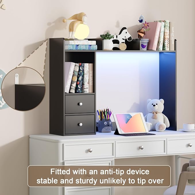 ChooChoo Desktop Bookshelf with LED Lights and 4 Shelves | 36.6", 2 Drawers, Fits 27" Monitor, Desk Organizer Shelf, Dorm Office Home, Black