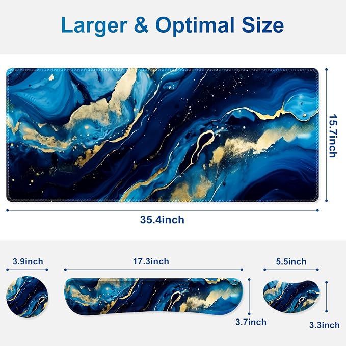 Desk Mat Pad, Gaming Mouse Pad Wrist Support Set, 4 in1 Non-Slip XXL Large Mousepad + Ergonomic Keyboard Wrist Rest+Mouse Wrist Rest+Coaster for Home Office Computer I Blue Gold Marble