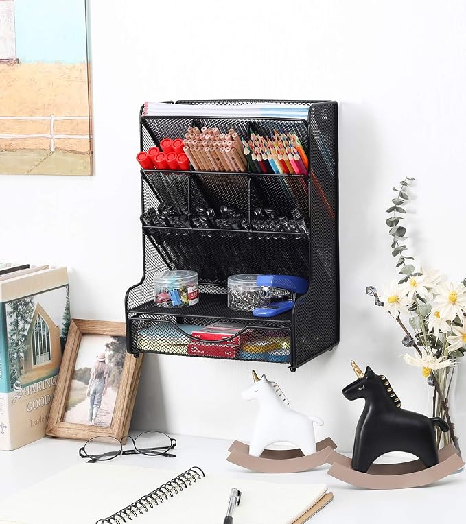 Desk Organizer with Drawer Office Supplies and Accessories Storage Caddy Hanging Wall Shelf Metal Mesh Pencil Holder for Kids, 9 Compartments, Black