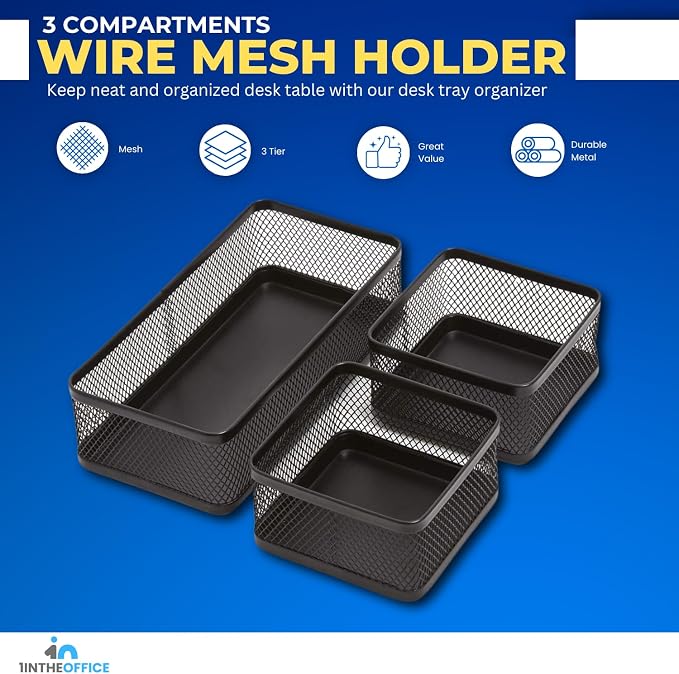 1InTheOffice Desk Baskets and Organizers Tray, Black Mesh Tray, Black Wire Mesh, 3-Compartment Stackable