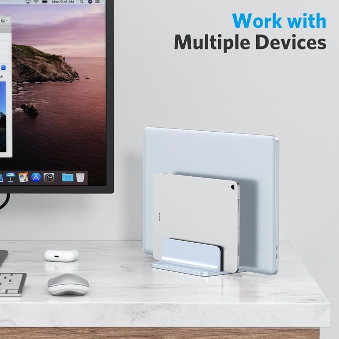 OMOTON Dual Vertical Desk Laptop Stand Holder, Fits MacBook Air, Sky Blue | Aluminum Laptop Storage Rack for Desk, Adjustable Dock for Up to 17.3 in. Gaming Laptop, Space-Saving Desk Organizer