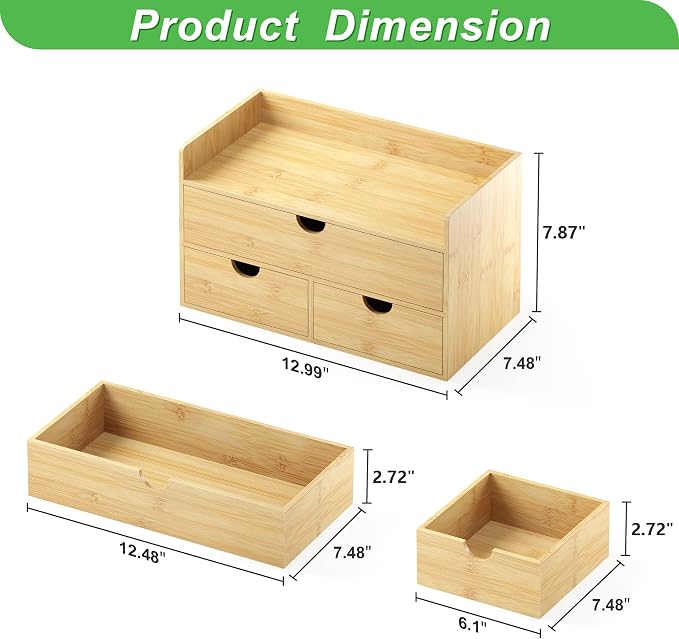 Bamboo Desk Organizer with Drawers, Desktop Storage Box for Office Supplies | 3 Drawers Desktop organizer, No Assembly Required, Natural Wood Wooden Desktop Drawers for Bills, Cosmetics, Seals, Paper