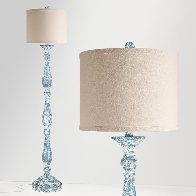 Vintage Floor Lamp for Living Room, Rustic Farmhouse Standing Lamp with Rotary Switch and Linen Shade, Retro Resin Floor Lamp for Bedroom, Corner, Dining Room, House Decor, Wash Blue