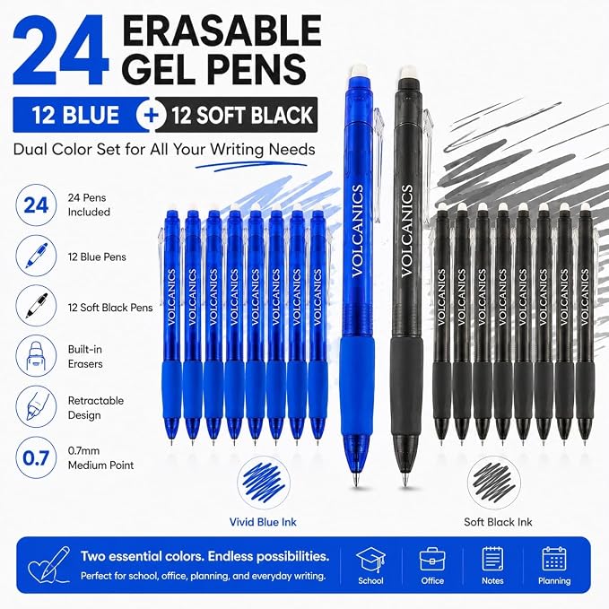 Volcanics 24 Pack Retractable Erasable Gel Pens, 12 Blue & 12 Soft Black Ink, 0.7mm Medium Point Clicker Erasable Pens with Built-in Eraser for School, Office, Note Taking and Journaling