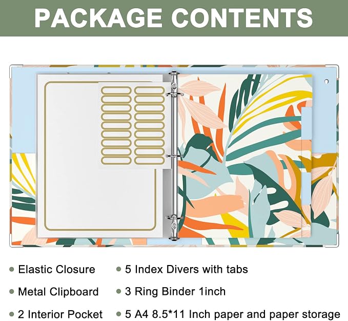 Rouidr 3 Ring Binder with clipboard, 1 inch 8.5 x 11 in Letter Size View Binders Organizer with Dividers Tabs & Clear Sleeves, School Supplies, Office Supplies, Colorful Leaves