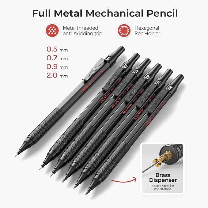 Nicpro 30PCS Black Metal Mechanical Pencil Set in Leather Case