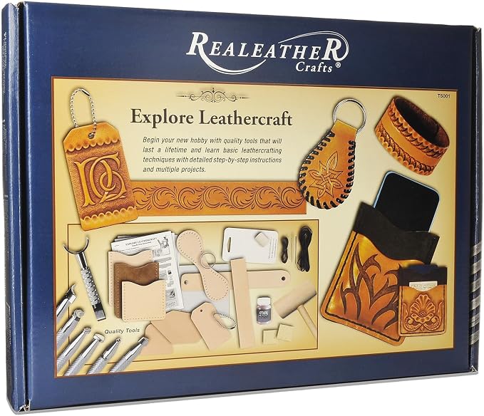 Realeather Explore Leathercraft Kit with Card Sleeve, Bookmark, Laced Key Fob, Wristband and Bag Tag