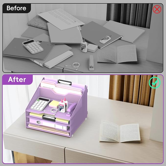 Desk File Organizer, 4 Letter Trays and 2 Upright Sections, Purple | Paper Organizer for Desk with Tiered Letter Trays and Vertical File Holders for Home Office, School and Workspace Use