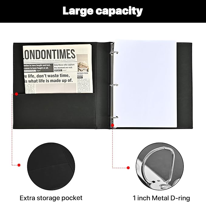 LETVPVOW Vintage Hardback 3 Ring Binder 1 Inch, Professional Leather Binder 3 Ring, Three Ring Binders Fits 8.5" x 11", D Ring Binders for Photo Album, Home, School and Office Supplies- Black