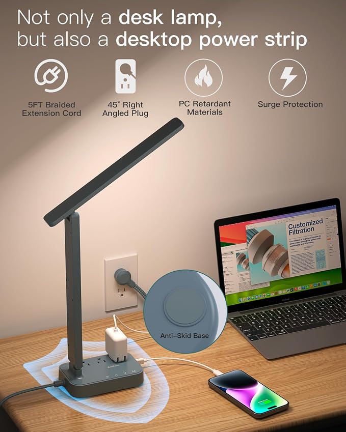 Addtam LED Desk Lamp, Power Strip with 3 Outlets 4 USB Charging Ports(2 USBC), 4 Modes 5 Level Brightness Touch Lamp, Small Desk Lamp for Home Office College Dorm Room Essentials, Blue