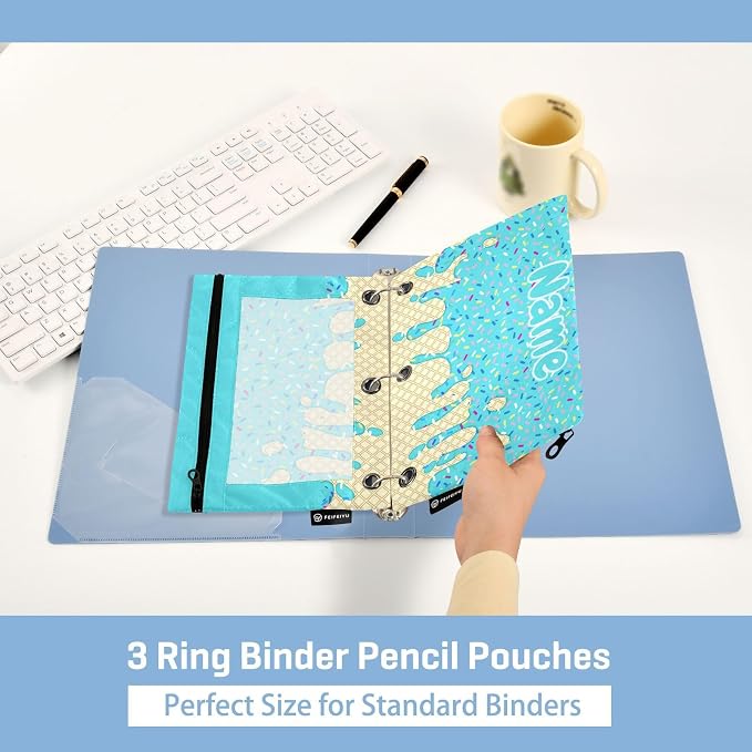 Custom Teal Blue Ice Cream Print Pencil Pouch for 3 Ring Binder, 2 Pack Personalized Name Waterproof Pencil Bags Clear Window Pencil Case School Office Supplies