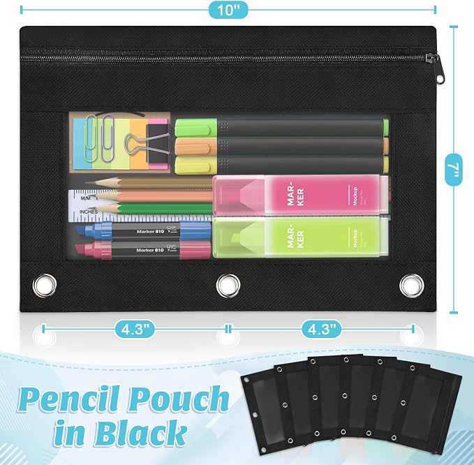 100 Pack Pencil Pouch for 3 Ring Binder | Black Binder Pencil Pouch, Pencils Pouches for Binders with Clear Window, Smooth Zipper for School , Office Supplies