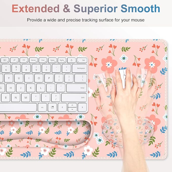 Large Gaming Mouse Pad Set, 4 in1 Ergonomics Keyboard Desk Mat with Memory Foam Wrist Rest, Computer Extended Game Mousepad, Non-Slip Desk Pad Matt Easy Typing Pain Relief I Retro Pastel Style