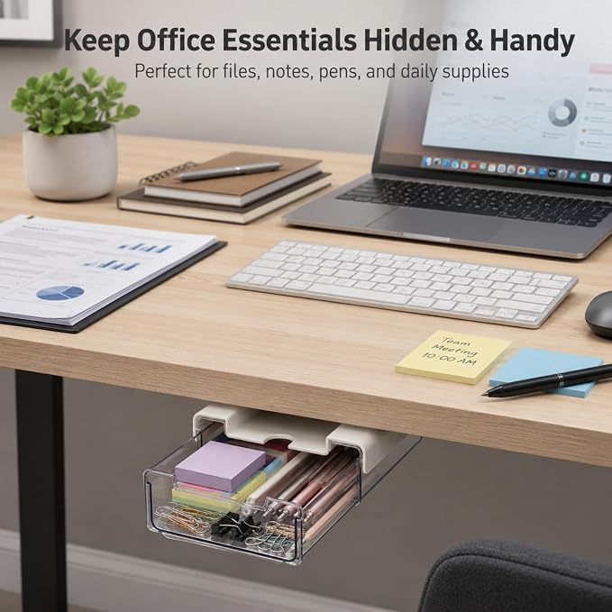RHBLME 5 Pack Under Desk Drawer, Under Shelf Drawers Slide Out Self-Adhesive Standing Desk Drawer Attachment, Plastic Workspace Organizers for Office Home School