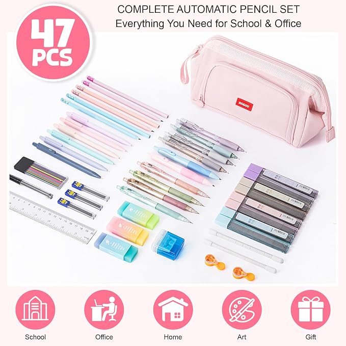 Eersida 47 Pcs Aesthetic School Supplies with Cute Pen Case, Mechanical Pencils 0.5mm, 0.7mm, 0.9mm & 2.0mm with Leads and Eraser Refills, Wood Pencils #2, for Writing, Drawing & Drafting (Pink)