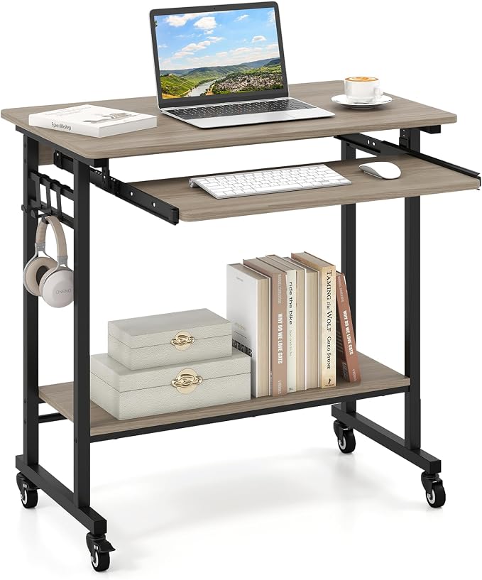 GIANTEX Rolling Computer Desk, Mobile Desk with Keyboard Tray & Wheels, Portable Laptop PC Table Cart with Shelf & Hooks, Small Desk for Small Spaces, Bedroom, Apartment (Grey Oak)