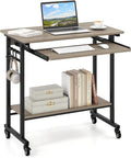 GIANTEX Rolling Computer Desk, Mobile Desk with Keyboard Tray & Wheels, Portable Laptop PC Table Cart with Shelf & Hooks, Small Desk for Small Spaces, Bedroom, Apartment (Grey Oak)