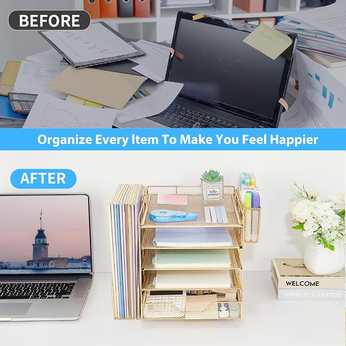 5-Tier Desk File Organizer with Drawer & Pen Holder (Gold) | Desk Organizers and Accessories, Office Desk Accessories & Workspace Desktop Organizers for Classroom, Home, Office Supplies