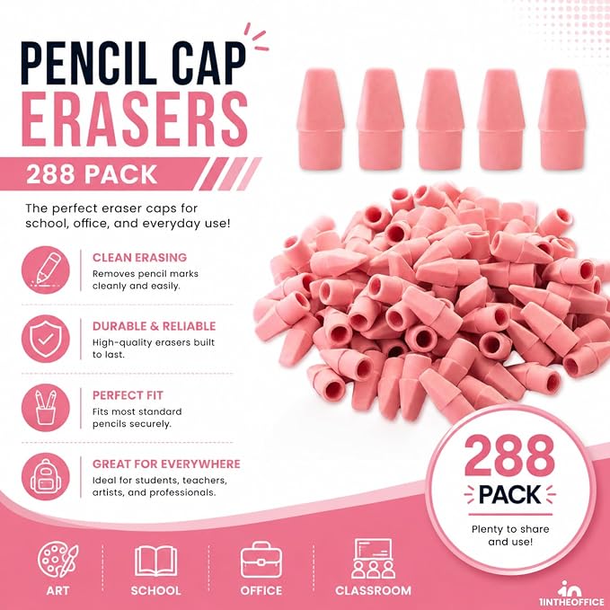 1InTheOffice Pencil Cap Erasers, Assorted Colors, Arrowhead Caps Tops Eraser, Eraser Cap for Art, School, Office Use, and Classroom Set, (Pink, 288 Pack)