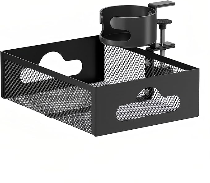 Cup Holder Under Desk Drawer 360° Swivel C-clamp Mounting Mesh Storage Box Spill-proof Easy Install Table Management Tray