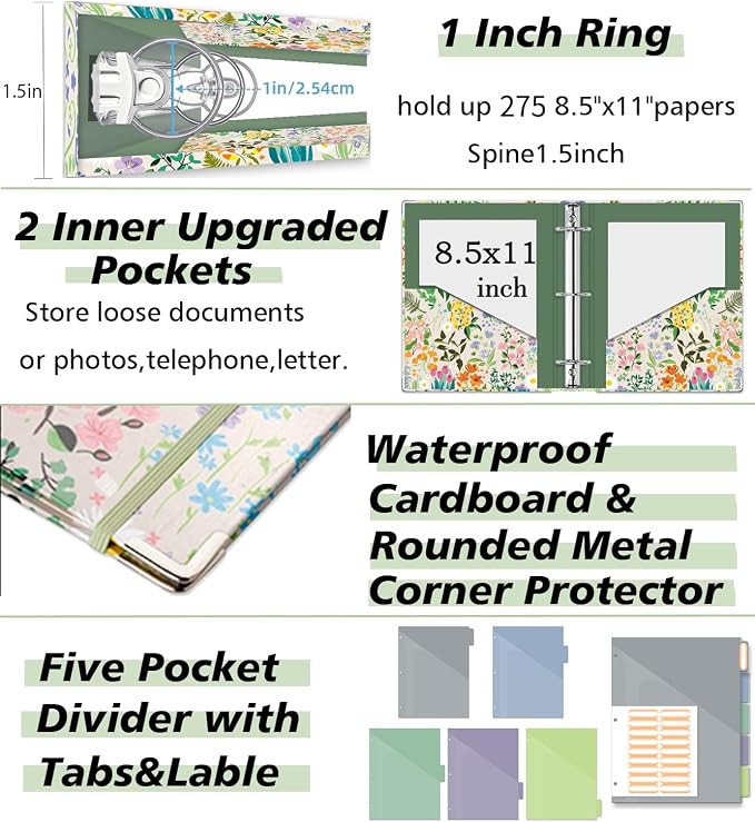 3 Ring 1 Inch Binder Organizer, KLLVE Three Ring Binders with Clipboard, 5-Tabs Pockets Dividers, Plastic Folder, 18 Divider Stikers,Pen Loop (Wildflower, Letter Size)