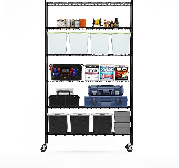 Furinno Wayar Metal Storage Shelf Rack, 6 Tiers, 48-Inch Taller, Black