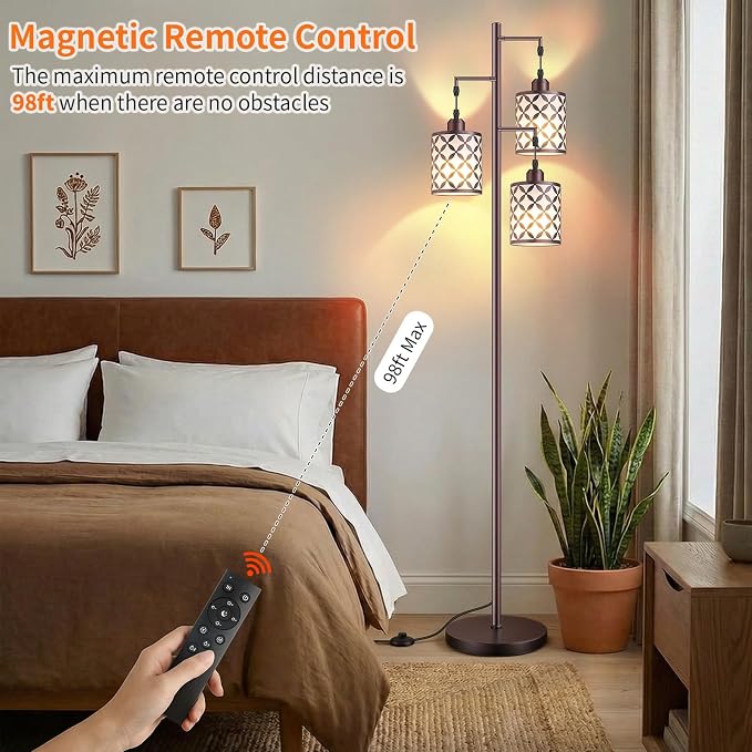 Dimmable Floor Lamp, Farmhouse Standing Lamp with Elegant Metal Cage, Industrial Tall Tree Floor Lamps for Living Room Bedroom Study Office with Remote & 3 x 800LM 9W LED Bulbs - 72", Brown