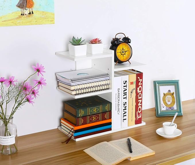 Wood Desktop Shelf Small Bookshelf Desk Supplies Organizers and Accessories Storage Display Rack Office Decor for Women, White