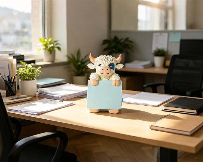 Highland Cow Pop-Up Sticky Note Dispenser for 3 x 3 in Notes, Blue | Includes 100 sheets, handmade resin desk decor for office, home or classroom, gift for teacher, coworkers and cow lovers