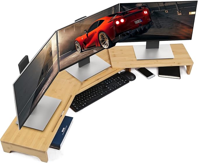 Nnewvante Monitor Stand Riser 60 inch Bamboo Dual Monitor Stand for Desk | Adjustable Length Angle, 3 Shelves Desktop Screen Riser, For Computer Laptop PC