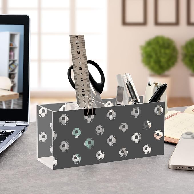 Football Print Black White 4 Compartment Acrylic Pencil Holder, Printed Pencil Holder Makeup Brush Holder Acrylic Desktop Accessories for Pencil Cutlery Toiletries Storage