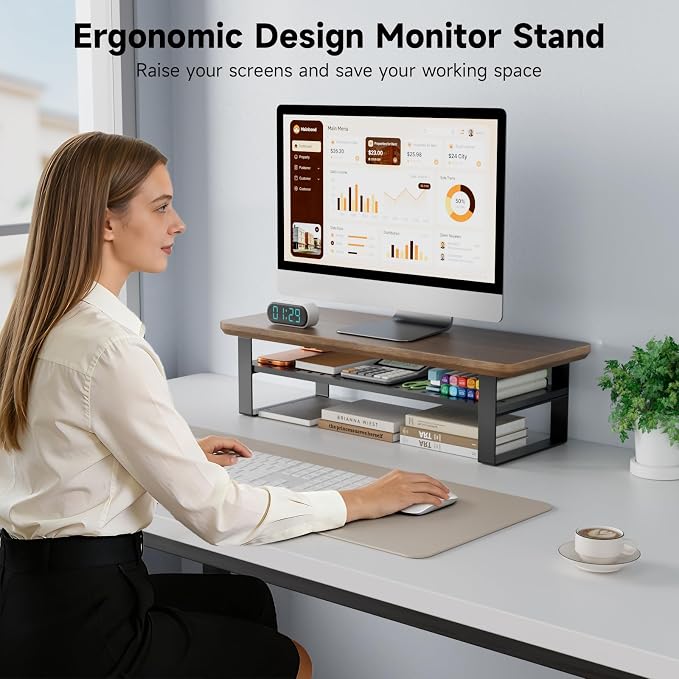 Monitor Stand Riser, 24 Inch Computer Monitor Stand for Desk, 2-Tier Wood Desk Shelf Organizer with Storage, Desktop Stand for Laptop/Screen/PC/Printer, Ergonomic Home Office Monitor Stand