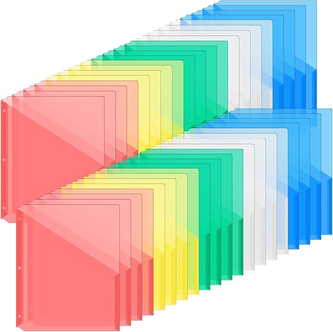 Maitys 50 Pack Binder Pockets 3 Ring, Letter Size 8.5x11,Fresh Color | Clear Plastic Document Sleeves, Sheet Protectors with Slash Jacket, Fits Standard 3 Hole Binders, Organize Office Papers