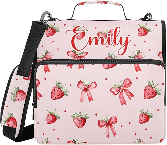 Custom Personalized Name Strawberries Bows Pattern Zipper Binder 3 Ring
