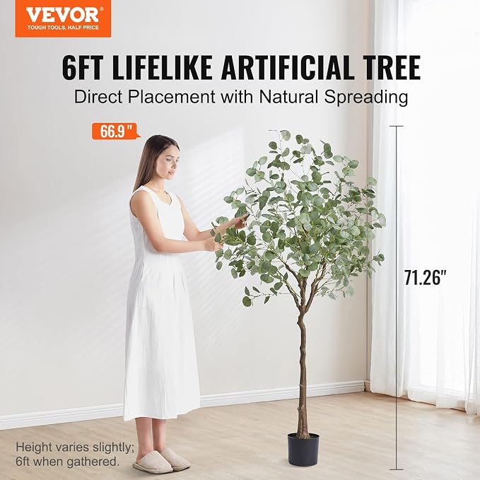 VEVOR Artificial Eucalyptus Tree, 6 FT Faux Plant, Secure PE Material & Anti-Tip Tilt Protection Low-Maintenance Plant, Lifelike Green Fake Potted Tree for Home Office Christmas Decor Indoor Outdoor
