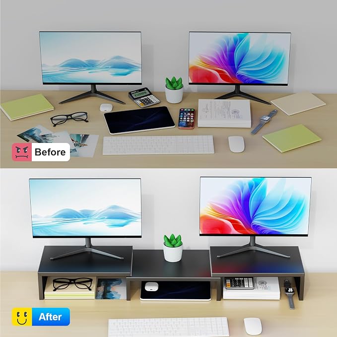 Dual Monitor Stand Riser | Monitor Stand for Desk, Metal Computer Stand, Desk Shelf Riser,Desktop Organizer for Home and Office Use (Black)