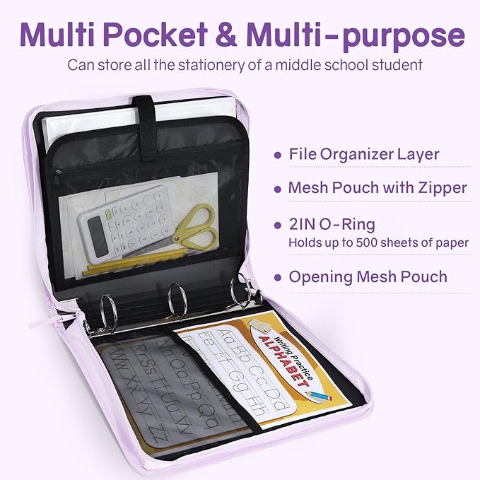SUNEE Zippered Binder Bag with Handle, 2-Inch 3-Ring O-Ring, 500-Sheet Capacity, Includes Zip Pocket, 5-Tab Expanding File Folder, Multi-Pocket Organizer Binder for Middle School, Lavender Purple