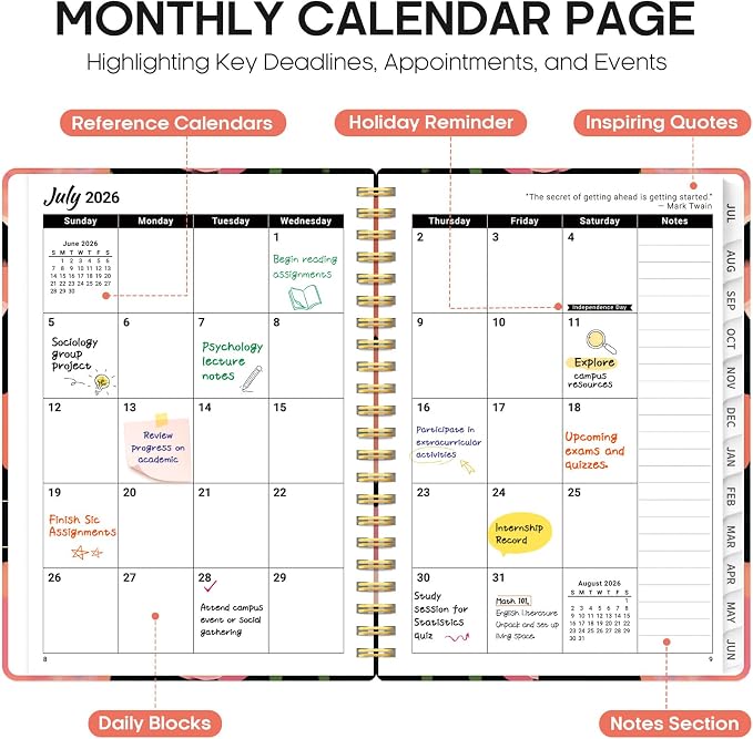 Taja Planner 2026-2027, Jul 2026-Jun 2027 Monthly & Weekly Calendar Book | 6.3" x 8.5", Hardcover Academic Calendar with Tabs, Teacher Student Agenda Book for School Office Supplies - Midnight Poppies